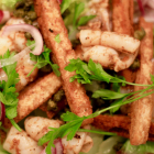 Warm Squid Salad with Fried Pita Croutons